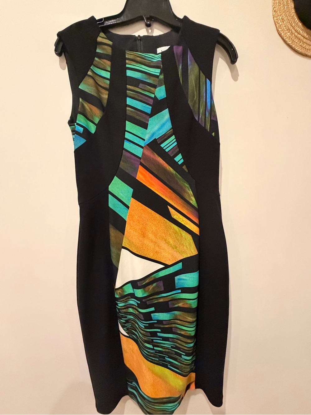 Joseph Ribkoff Black Midi Dress with Teal, Orange & Purple Geometric Panels